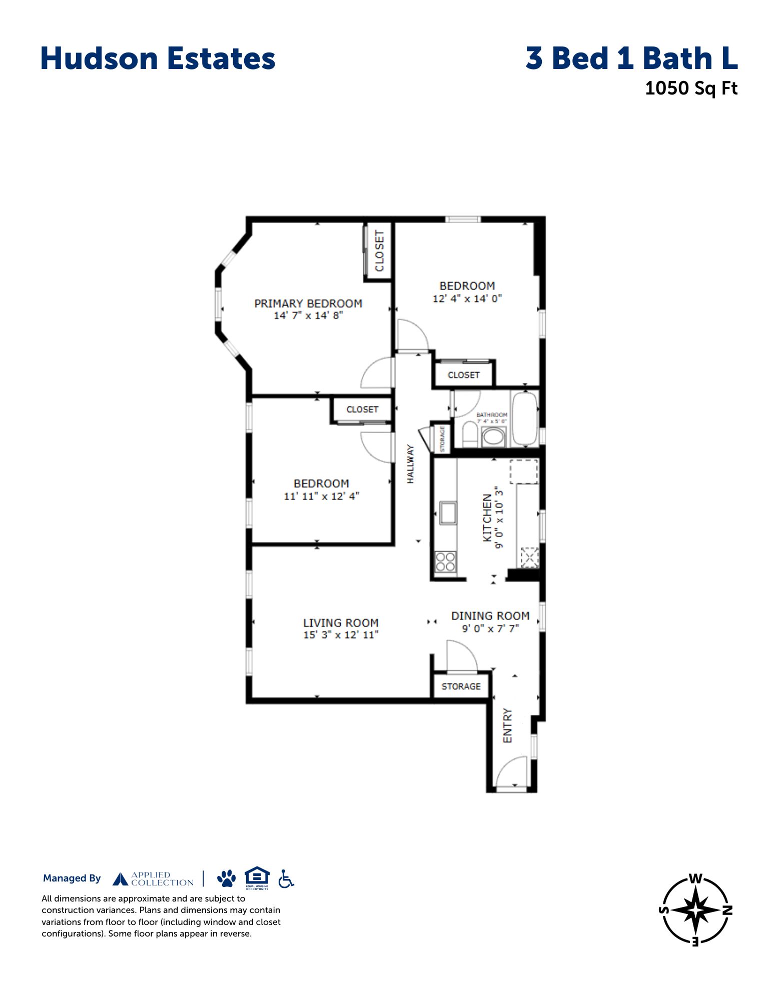 Floor plan for 3 beds, 1 bath, 1050 sqft